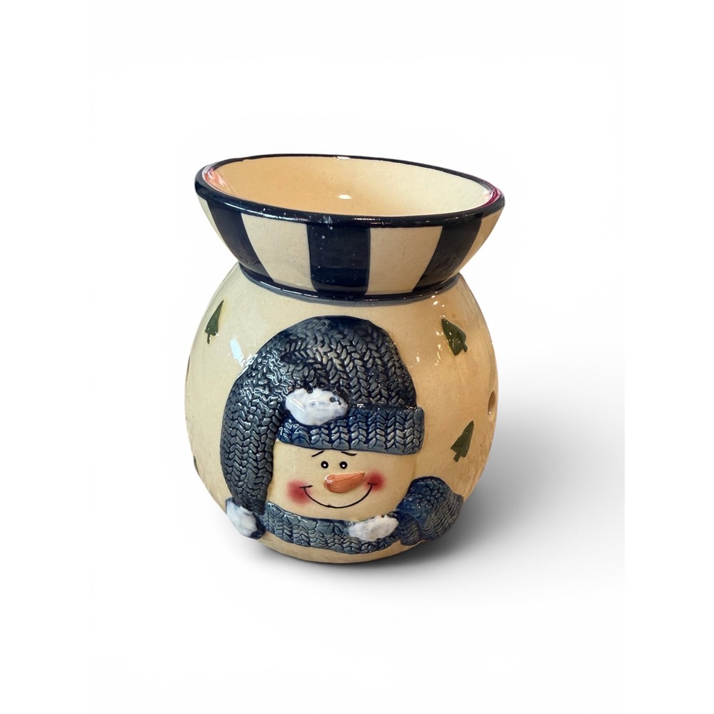 Chesapeake Bay Ltd Snowman Ceramic Tea Light Wax Warmer Blue Cream Winter Decor